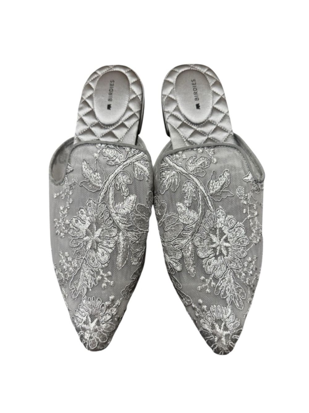 Birdies Dove Embroidered Flower Floral Lace Mules Slip On Shoes Gray Silver 9 - Picture 4 of 13
